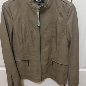 Leather jacket, with half cloth sleeves